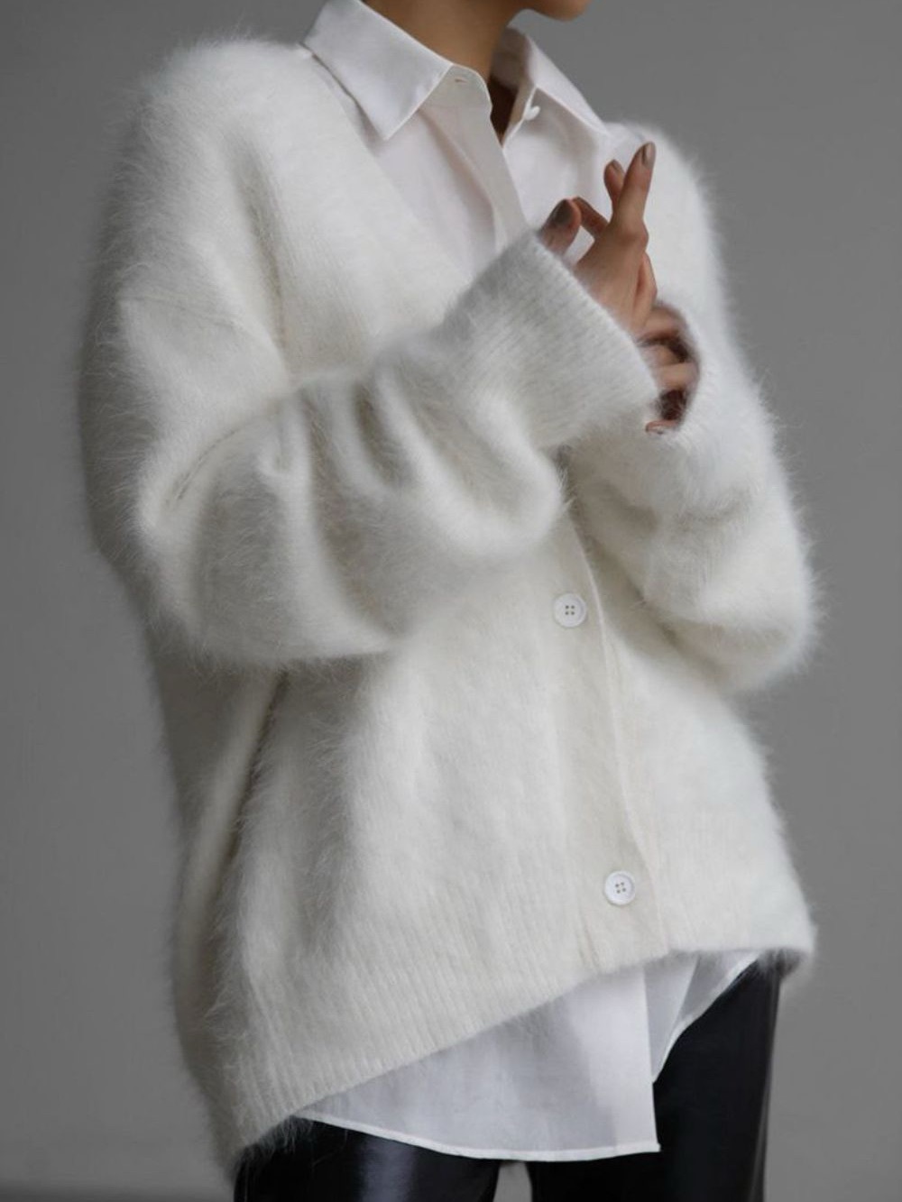 Lightweight White Button-Front Fuzzy Cardigan